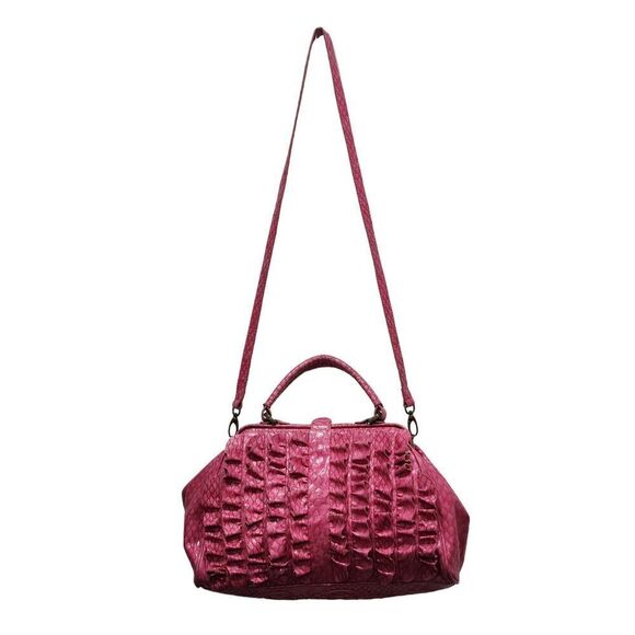 Jessica Simpson Hot Pink Vegan Leather Croc Embossed Ruffled Doctor Bag Purse - Picture 7 of 12
